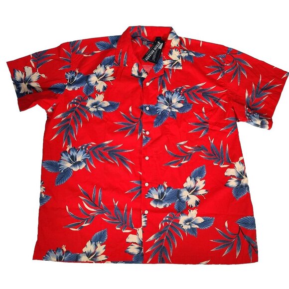 Blue Generation Red Hibiscus Print Hawaiian Pocket Camp Shirt Mens Size 2XL - Picture 3 of 7